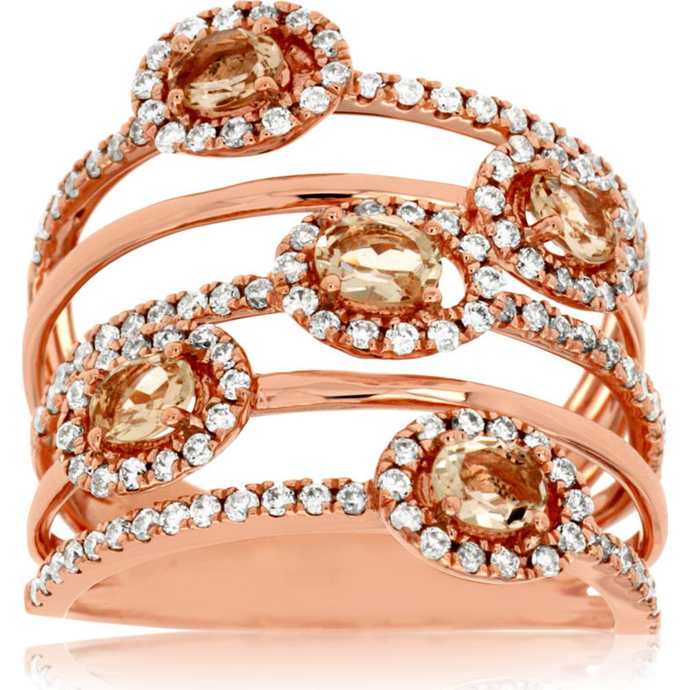 14K Rose Gold Multi-Band Free Form Ring with 0.75 Carat Oval Morganite and 0.70 Carat Diamond Halo Accents - Royal Jewelry