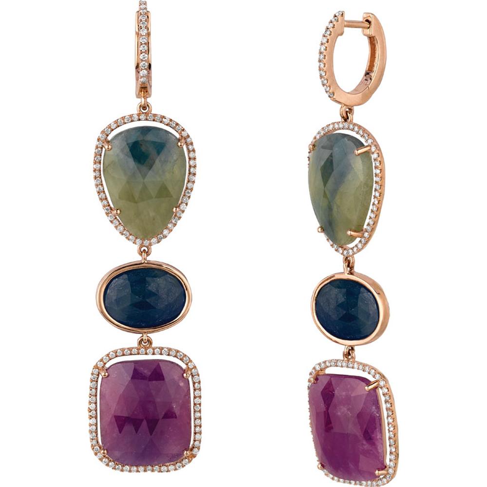 14K Rose Gold Multi-Gem Drop Earrings with Diamond Halos featuring Pear, Oval, and Cushion Cut Fancy Sapphires - 52.00 Carat Total Sapphire Weight and 0.95 Carat Total Diamond Weight - Royal Jewelry