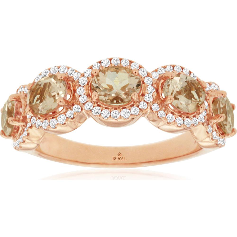 14K Rose Gold Multi-Stone Ring with 1.40 Carat Round Morganite and 0.33 Carat Diamond Halo Accents - Royal Jewelry