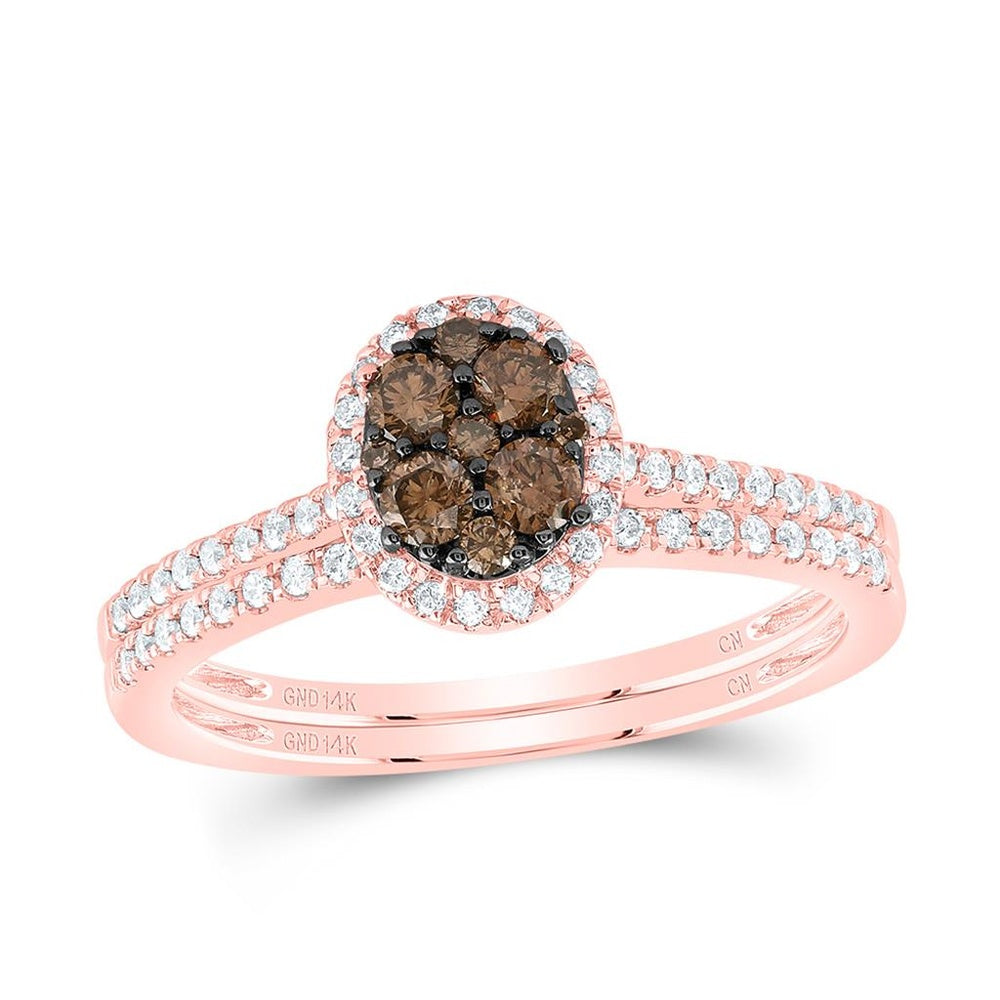 14K Rose Gold Natural Diamond Cognac Oval Bridal Set - 1/2 Carat Total Diamond Weight