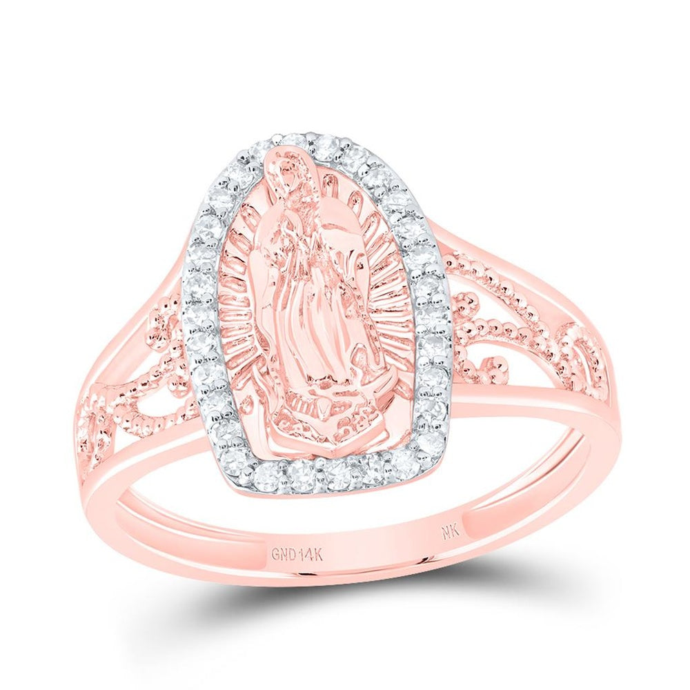 14K Rose Gold Natural Diamond Virgin Mother Mary Ring - 1/5 Carat Total Diamond Weight