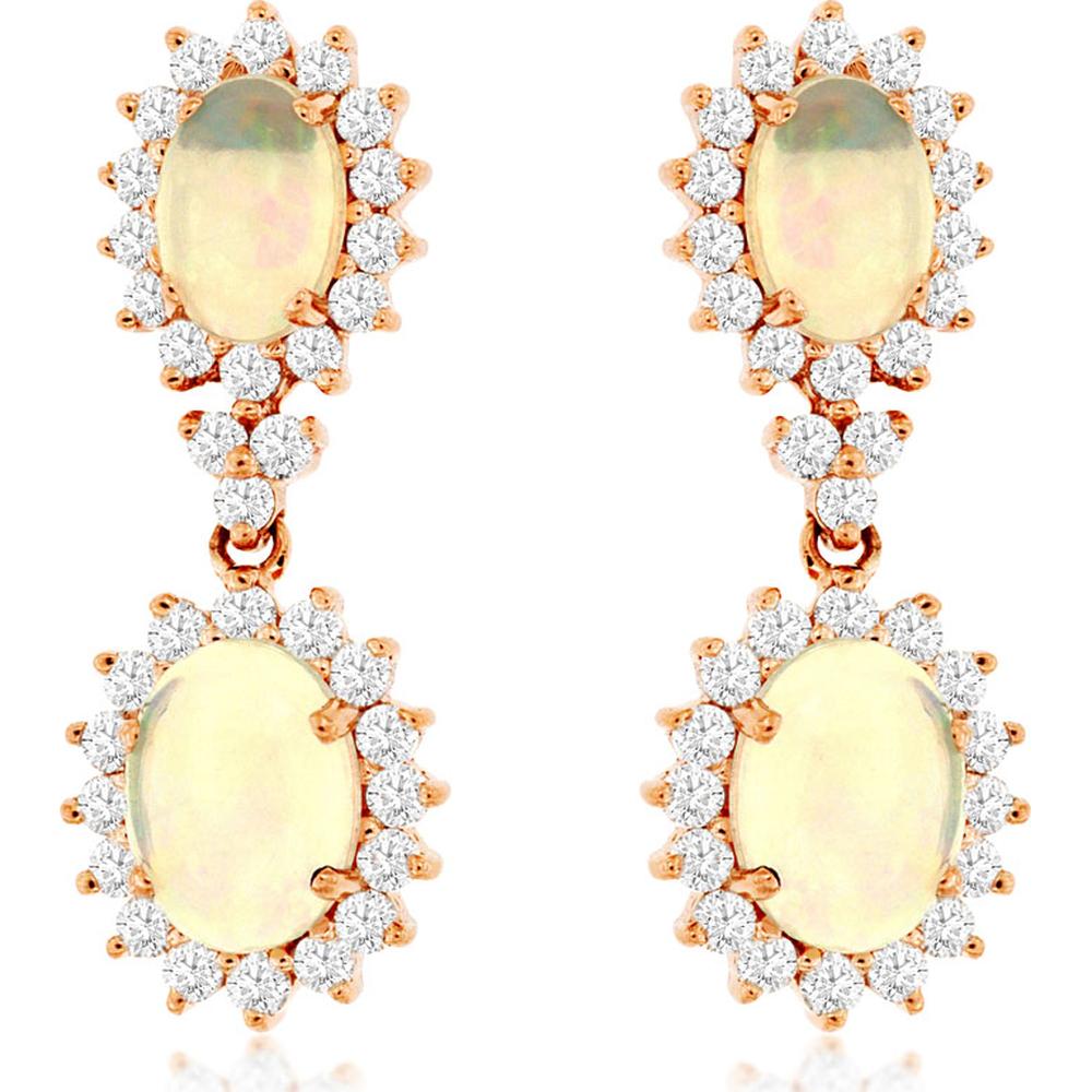 14K Rose Gold Opal & Diamond Drop Earrings with Oval Halo Setting - 2.80 Carat Total Opal Weight & 1.30 Carat Total Diamond Weight - Royal Jewelry