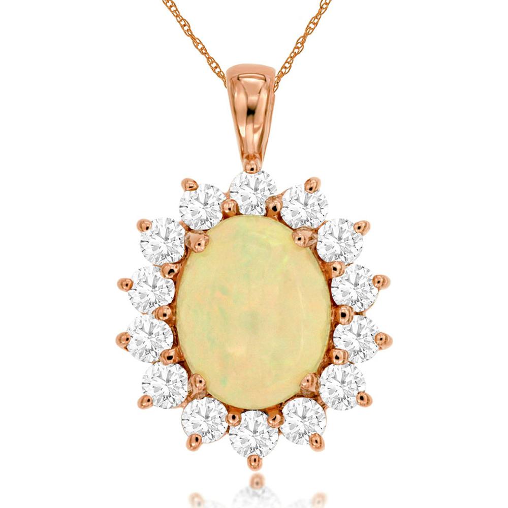14K Rose Gold Opal & Diamond Halo Pendant - 3.00 Carats Opal & 1.90 Carats Total Diamond Weight