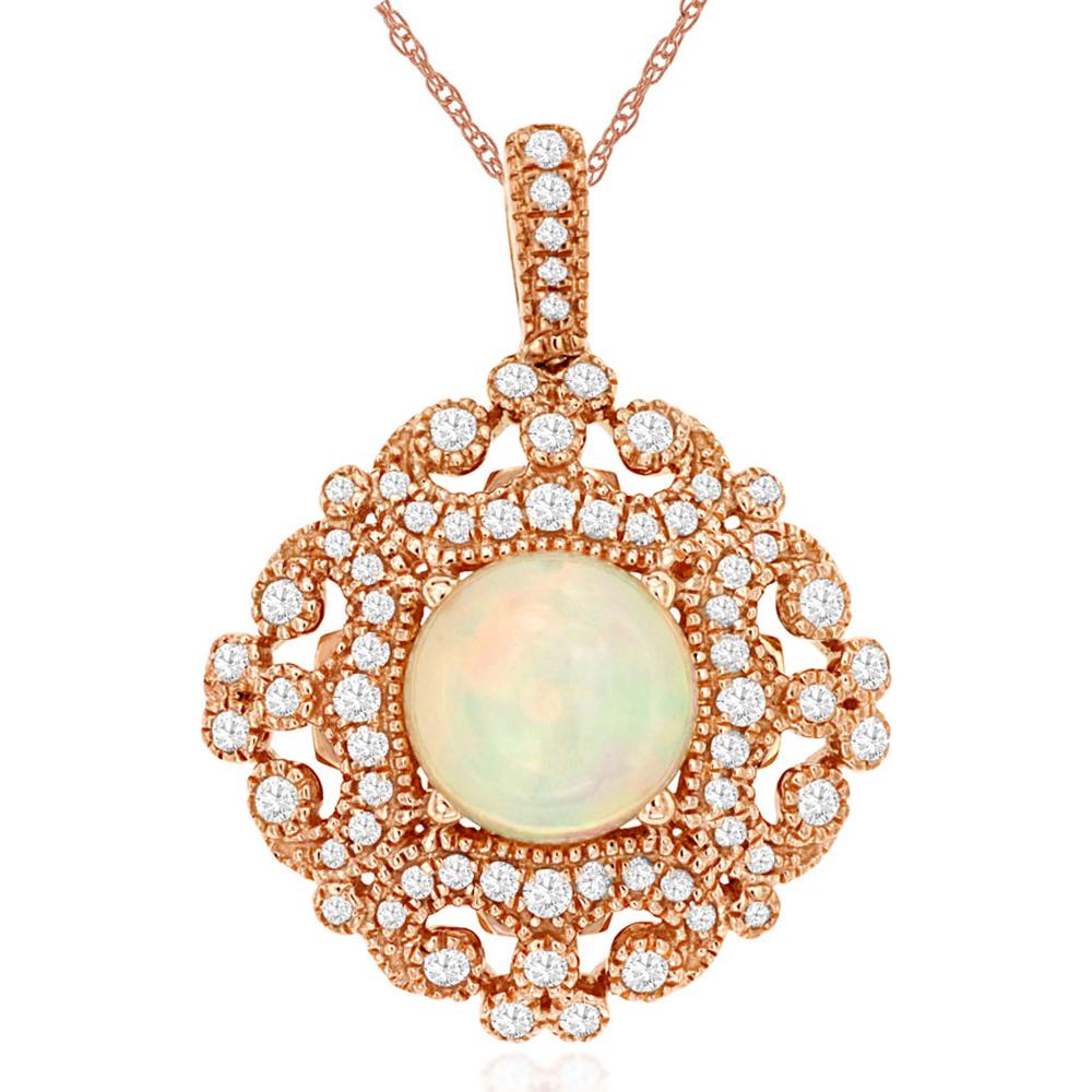 14K Rose Gold Opal and Diamond Halo Pendant Necklace - 1.80 Carat Cabochon Opal with 0.56 Carat Total Diamond Weight - Royal Jewelry