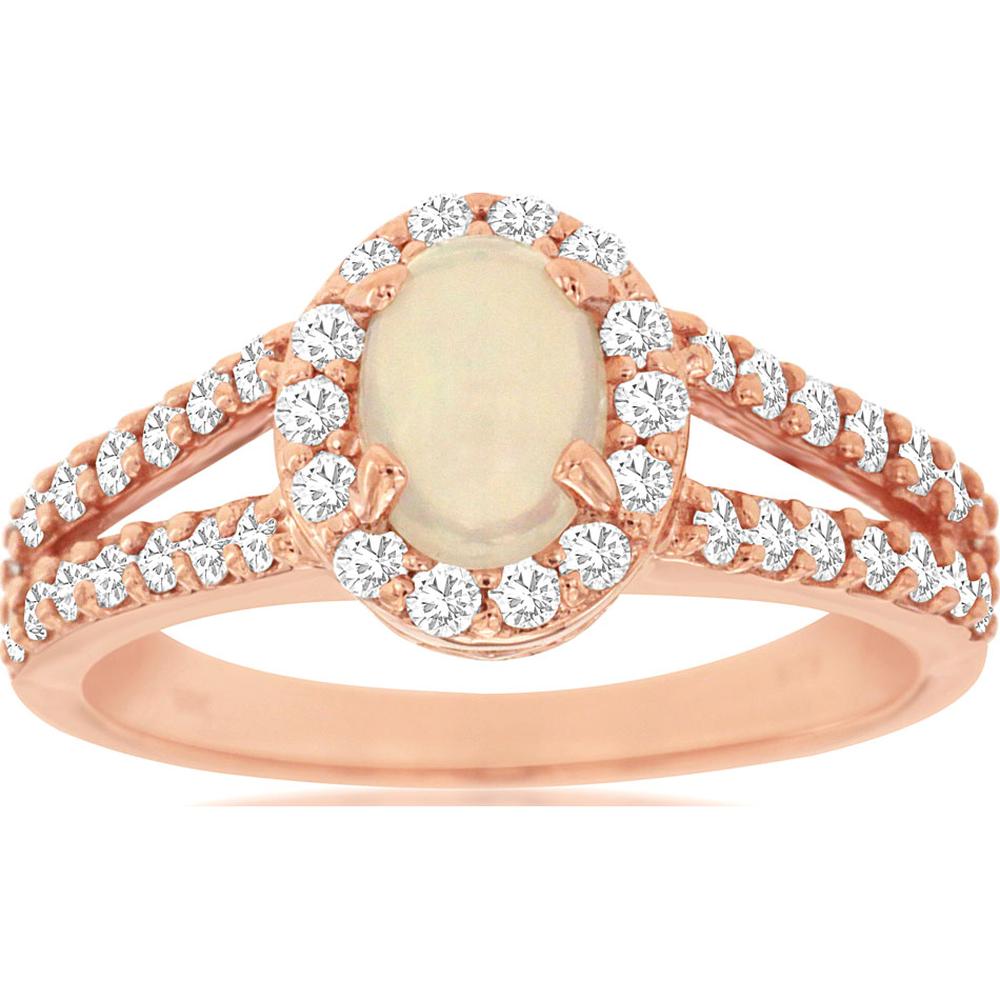 14K Rose Gold Opal & Diamond Halo Ring - 1.15 Carats Total Weight