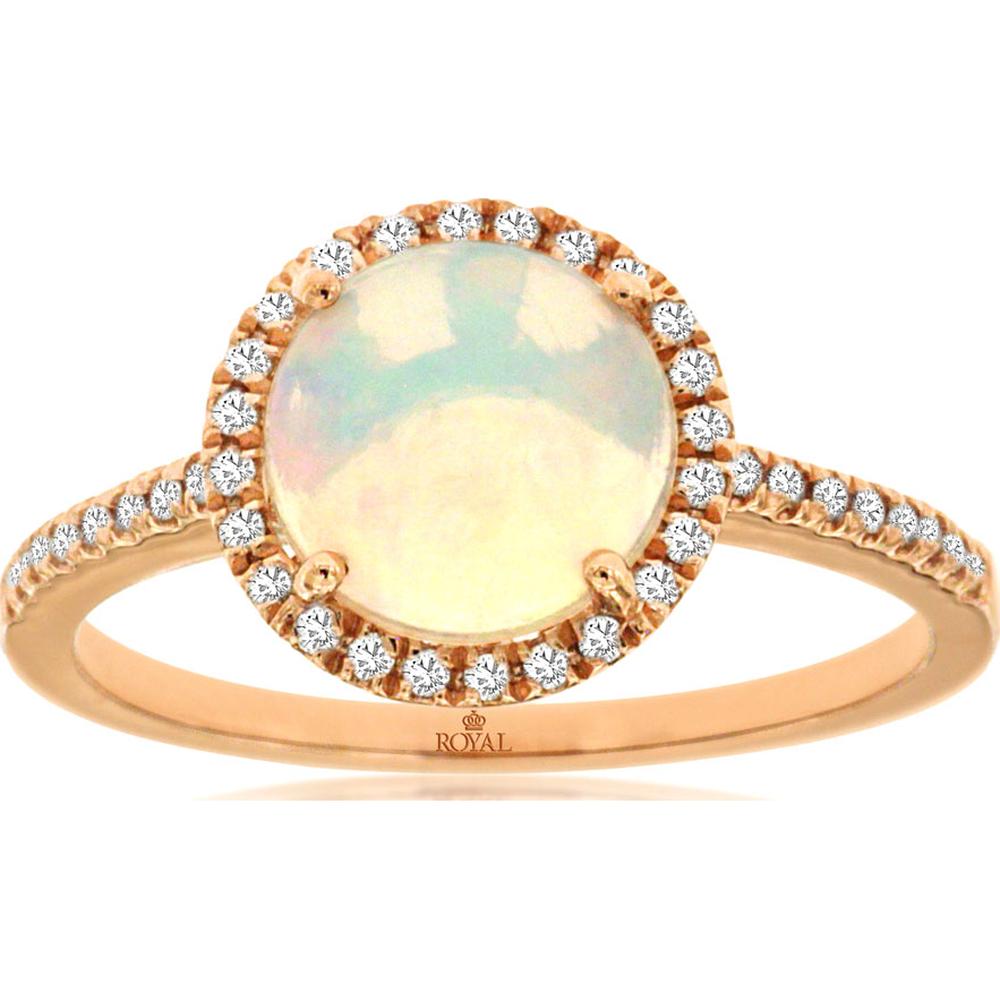 14K Rose Gold Opal and Diamond Halo Ring - 1.20 Carat Cabochon Opal with 0.16 Carat Round Diamond Accents - Royal Jewelry