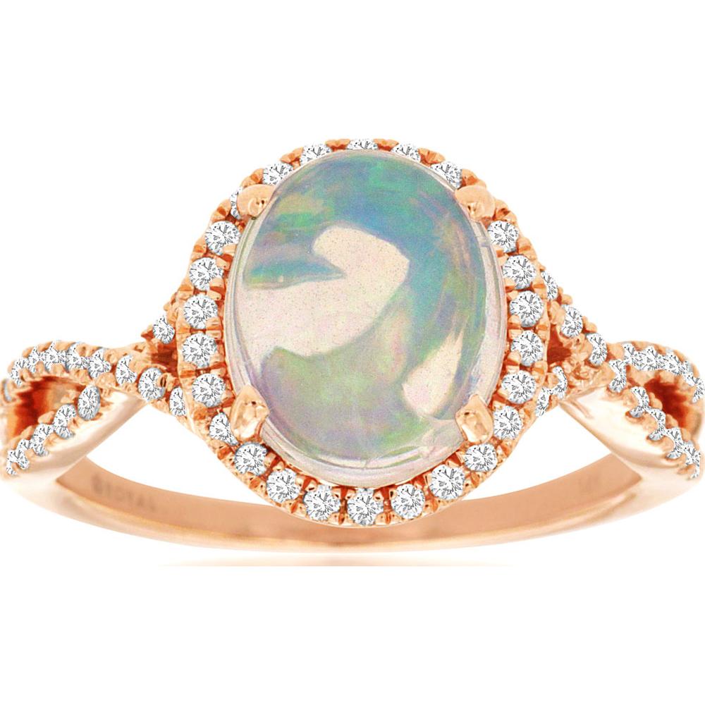 14K Rose Gold Opal & Diamond Halo Ring - 1.70 Carats Opal, 0.30 Carats Diamond Total Weight