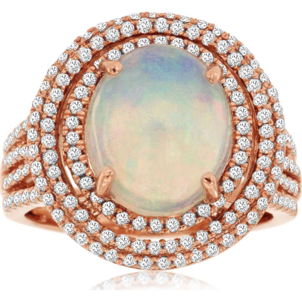 14K Rose Gold Opal and Diamond Halo Ring - 3.00 Carats Opal, 0.95 Carats Diamond Total Weight