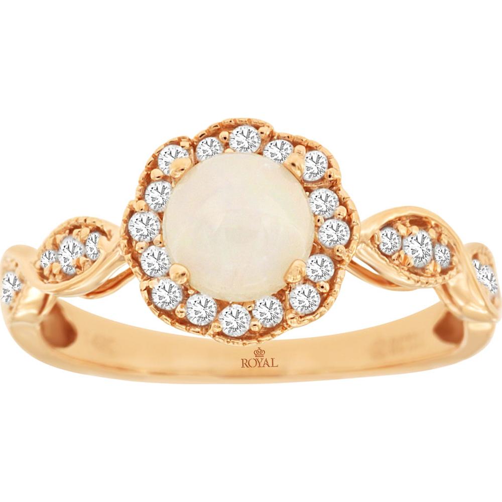 14K Rose Gold Opal and Diamond Halo Ring with Round Opal Center - 0.60 Carat Opal and 0.27 Carat Total Diamond Weight - Royal Jewelry