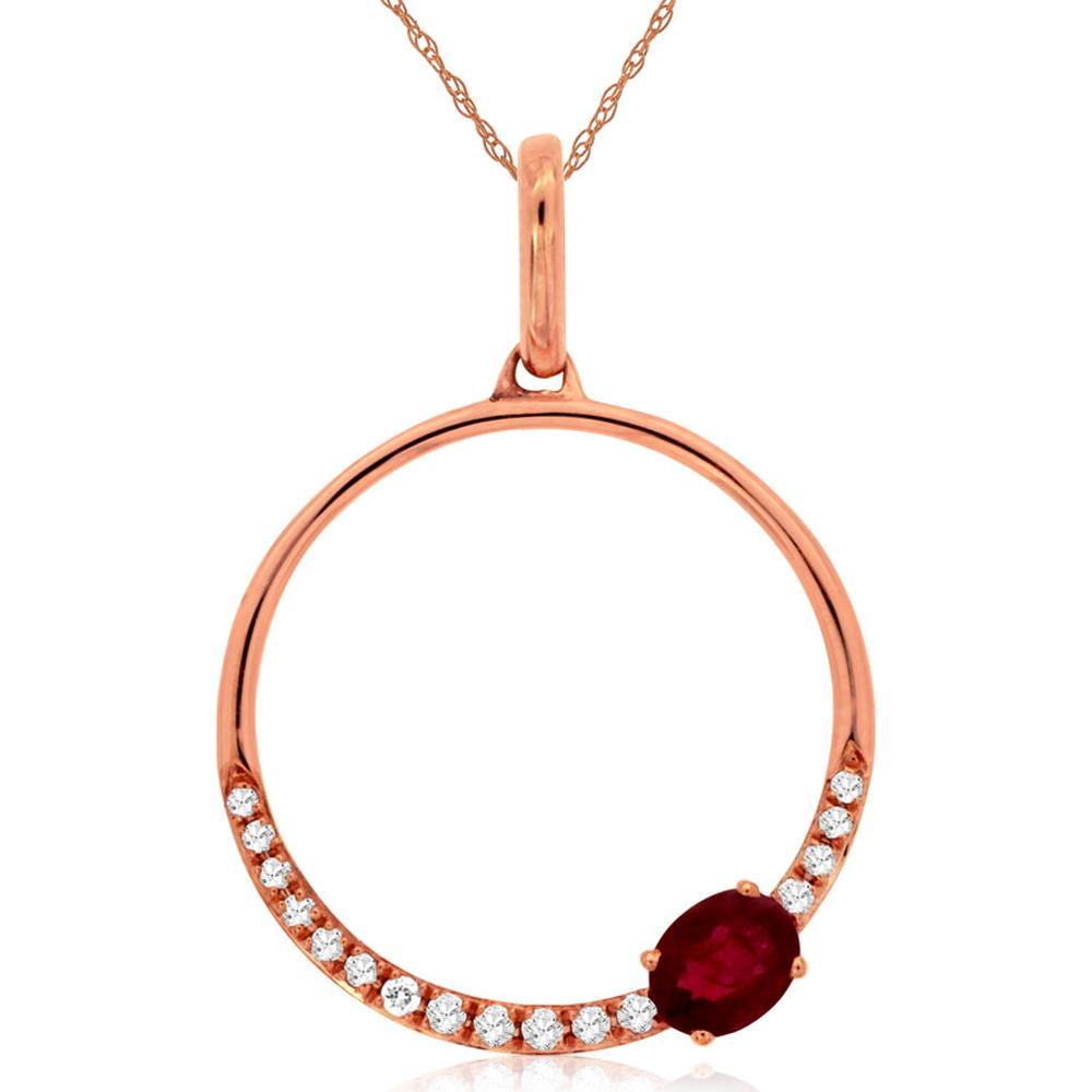 14K Rose Gold Open Circle Pendant with 0.22 Carat Oval Ruby and 0.07 Carat Pavé-Set Round Diamonds - Royal Jewelry