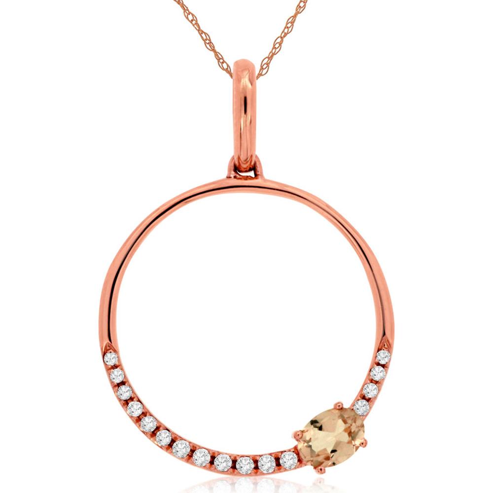 14K Rose Gold Open Circle Pendant with Oval Morganite and Diamond Accents - 0.19 Carat Morganite and 0.07 Carat Total Diamond Weight - Royal Jewelry