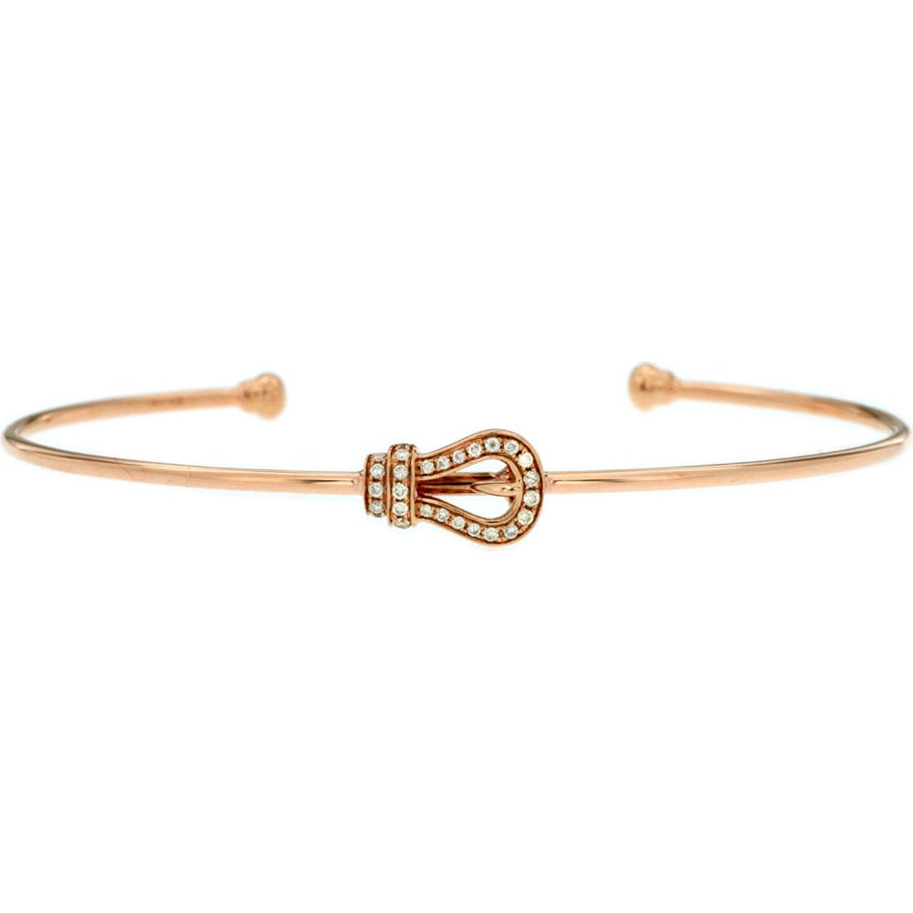 14K Rose Gold Open Cuff Bangle with Pavé-Set Round Diamond Buckle Motif - 0.11 Carat Total Diamond Weight - Royal Jewelry