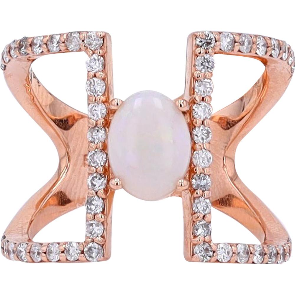 14K Rose Gold Open Diamond Frame Ring with 0.70 Carat Oval Opal and 0.59 Carat Round Diamonds