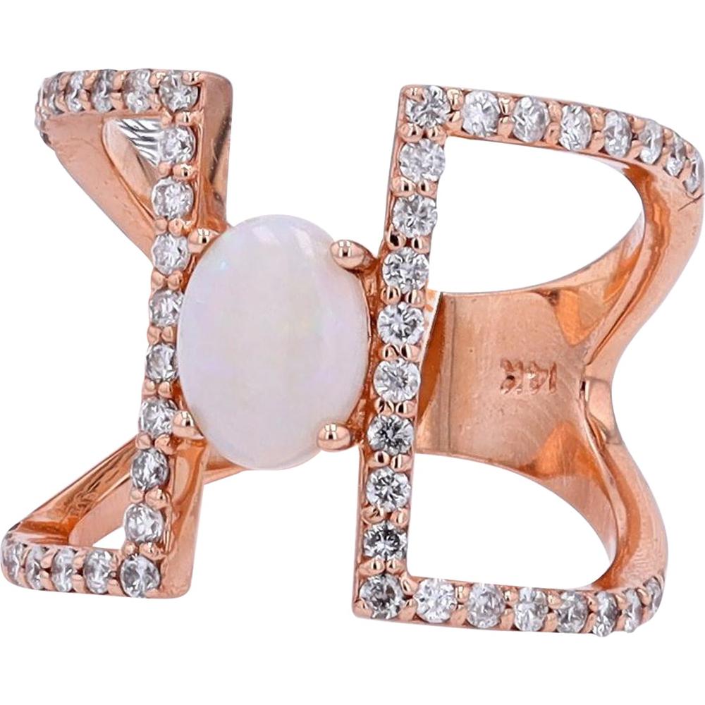 14K Rose Gold Open Diamond Frame Ring with 0.70 Carat Oval Opal and 0.59 Carat Round Diamonds