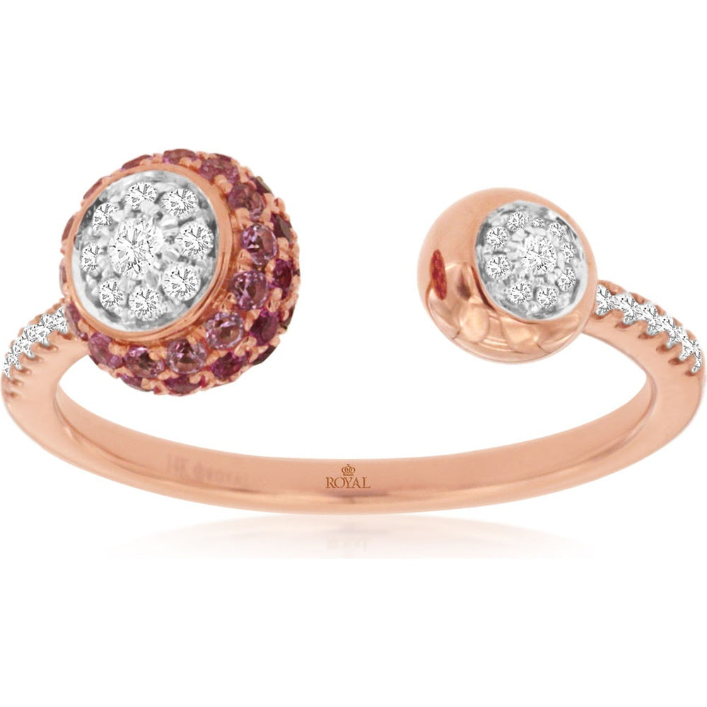 14K Rose Gold Open Shank Ring with Diamond Cluster and Pink Sapphire Halo - 0.17 Carat Diamond and 0.28 Carat Pink Sapphire Total Weight - Royal Jewelry