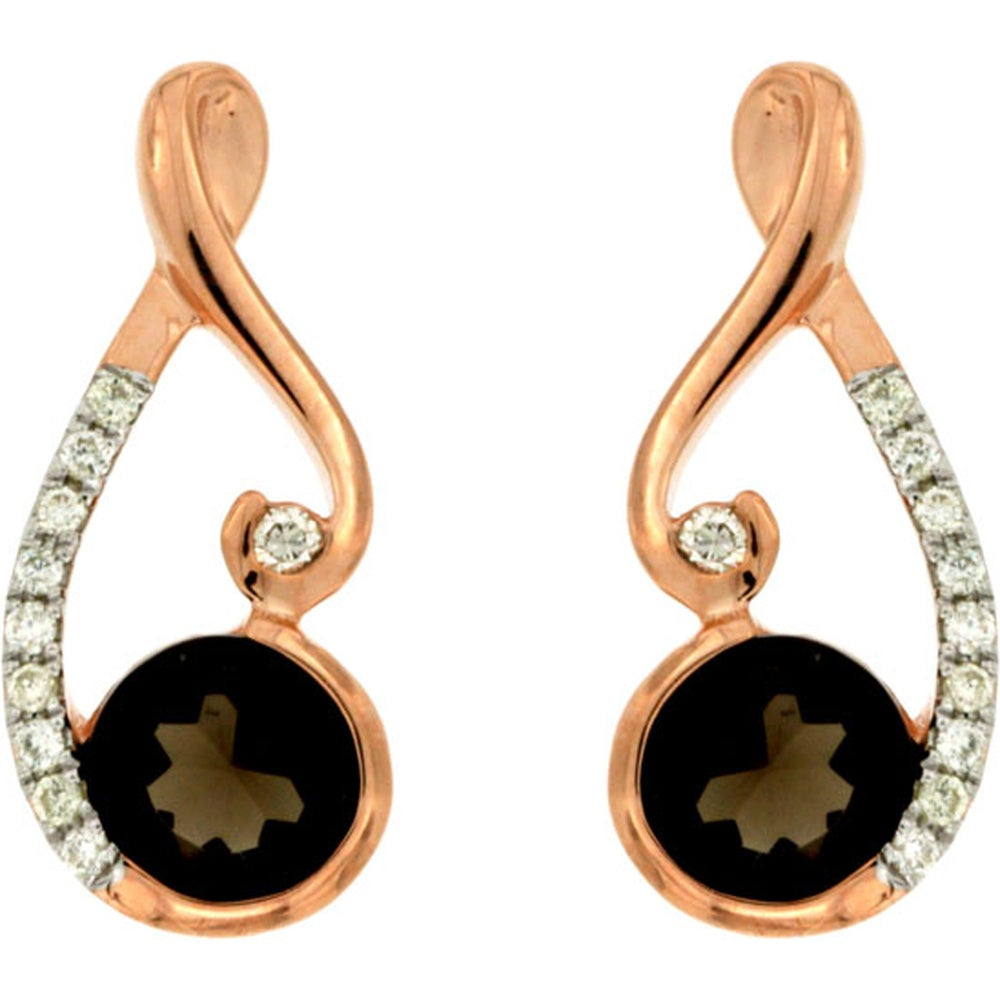 14K Rose Gold Open-Teardrop Drop Earrings with Bezel-Set Round Smoky Quartz and Pave-Set Round Diamond Accents - 0.90 Carat Total Smoky Quartz Weight and 0.09 Carat Total Diamond Weight - Royal Jewelry