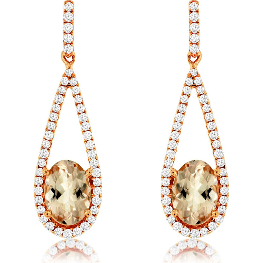 14K Rose Gold Open Teardrop Drop Earrings with Oval Morganite and Pave Set Diamond Halo - 1.30 Carat Total Morganite Weight and 0.35 Carat Total Diamond Weight - Royal Jewelry