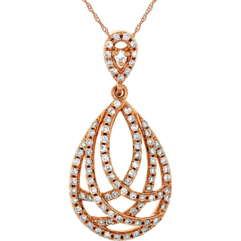 14K Rose Gold Open Teardrop Pendant Necklace with Round Diamonds - 0.30 Carat Total Diamond Weight - Royal Jewelry