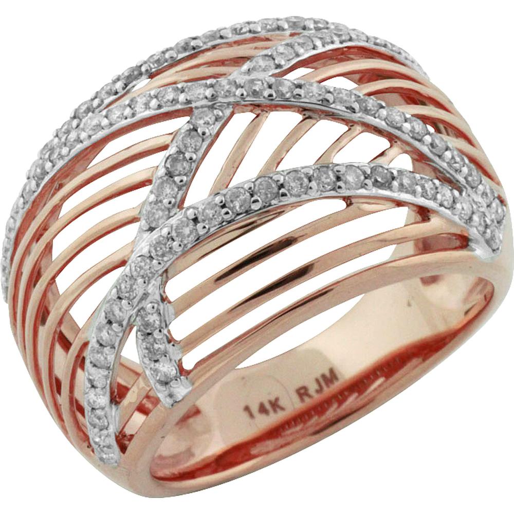 14K Rose Gold Openwork Crisscross Ring with Pave Set Round Diamonds - 0.60 Carat Total Diamond Weight - Royal Jewelry