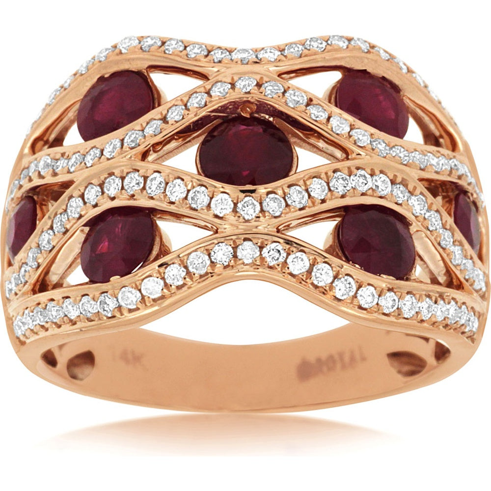 14K Rose Gold Openwork Lattice Ring with Round Rubies and Diamond Accents - 1.38 Carat Ruby Total Weight and 0.48 Carat Diamond Total Weight - Royal Jewelry