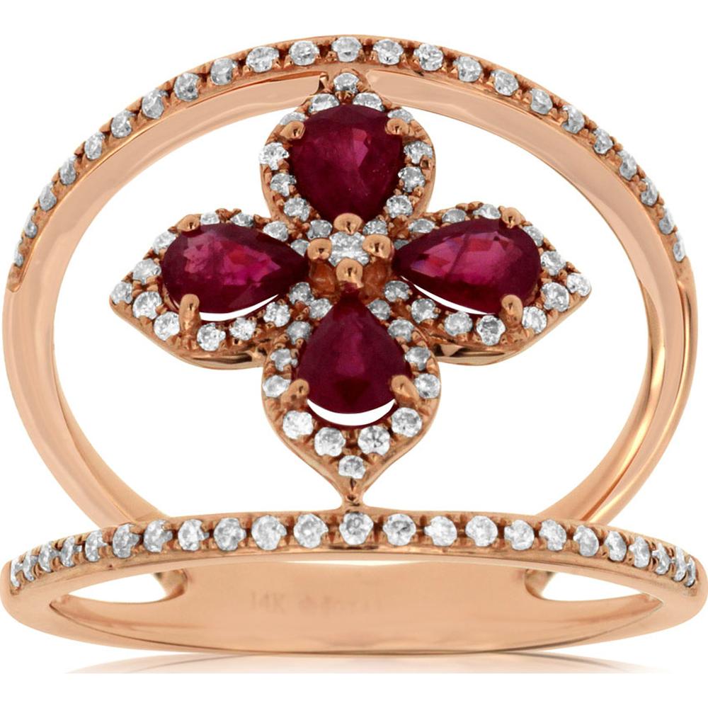 14K Rose Gold Openwork Quatrefoil Ring with Pear Cut Rubies and Diamond Halos - 0.65 Carat Ruby Total Weight, 0.32 Carat Diamond Total Weight - Royal Jewelry