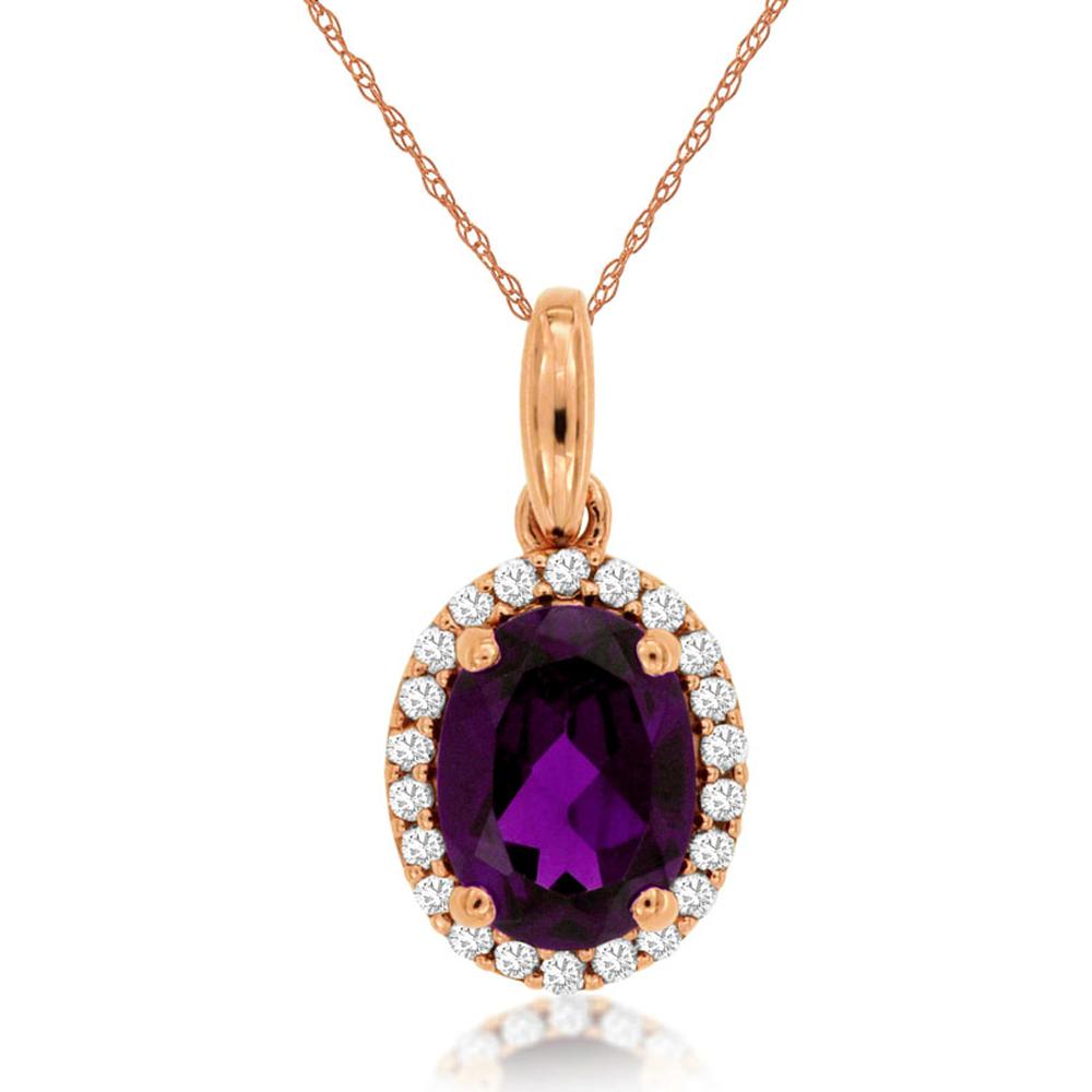 14K Rose Gold Oval Amethyst and Diamond Halo Pendant - 1.30 Carat Amethyst with 0.14 Carat Diamond Accents - Royal Jewelry