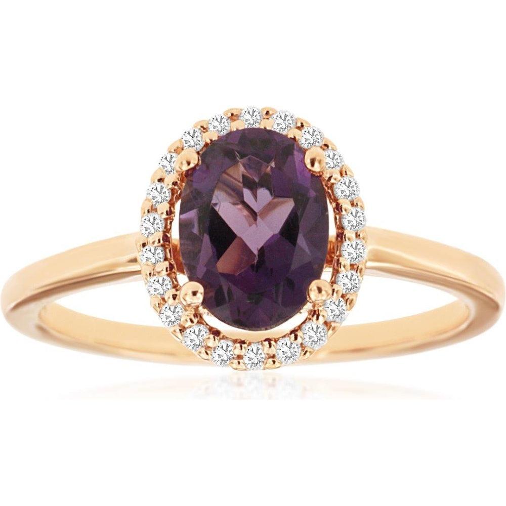 14K Rose Gold Oval Amethyst and Diamond Halo Ring - 1.10 Carat Amethyst and 0.12 Carat Total Diamond Weight - Royal Jewelry