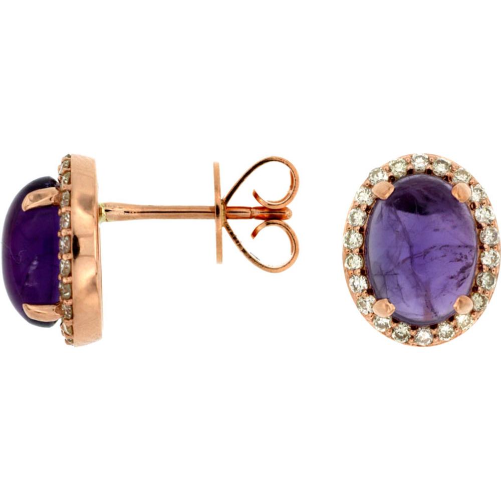 14K Rose Gold Oval Amethyst & Diamond Halo Stud Earrings - 2.60 Carat Total Amethyst Weight & 0.28 Carat Total Diamond Weight - Royal Jewelry