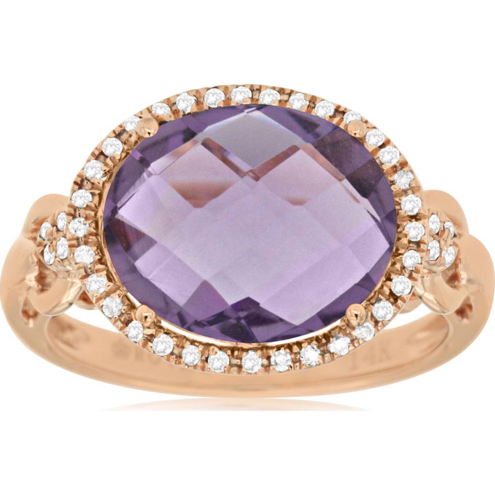 14K Rose Gold Oval Amethyst Ring with Diamond Halo and Diamond Accents - 3.90 Carat Amethyst & 0.18 Carat Total Diamond Weight - Royal Jewelry