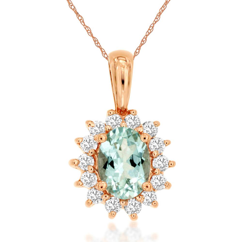 14K Rose Gold Oval Aquamarine and Diamond Halo Pendant Necklace - 0.68 Carat Aquamarine, 0.30 Carat Total Diamond Weight - Royal Jewelry