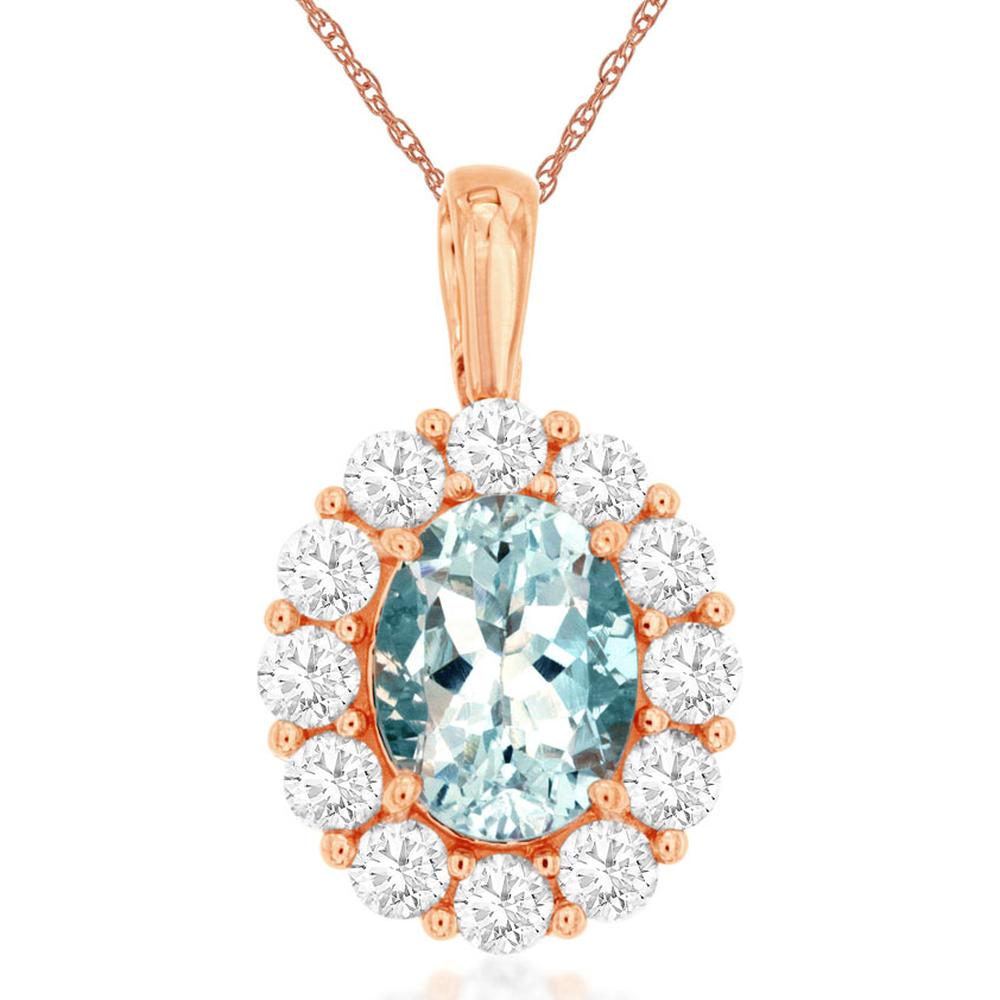 14K Rose Gold Oval Aquamarine and Diamond Halo Pendant Necklace - 1.10 Carat Aquamarine and 0.75 Carat Diamonds - Royal Jewelry
