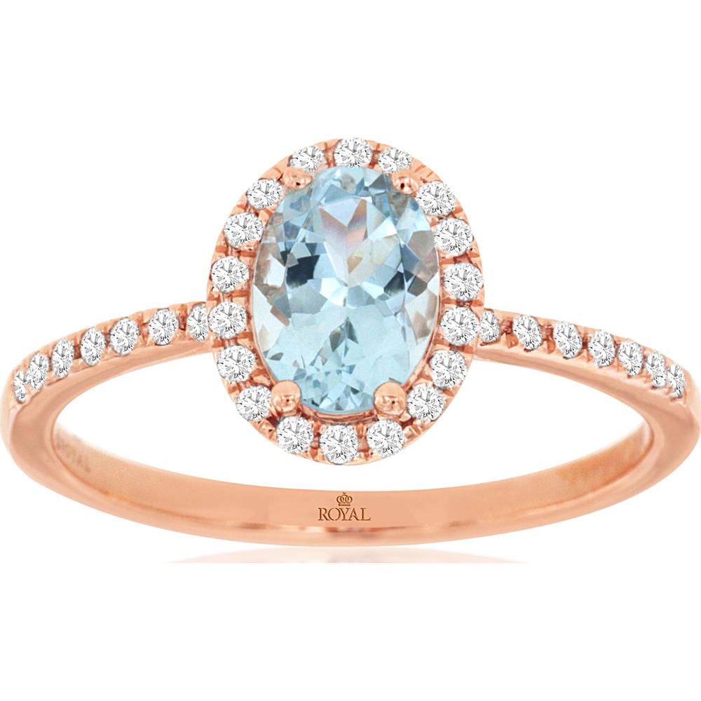 14K Rose Gold Oval Aquamarine and Diamond Halo Ring with Pave Set Diamond Shoulders - 0.68 Carat Aquamarine, 0.17 Carat Total Diamond Weight - Royal Jewelry