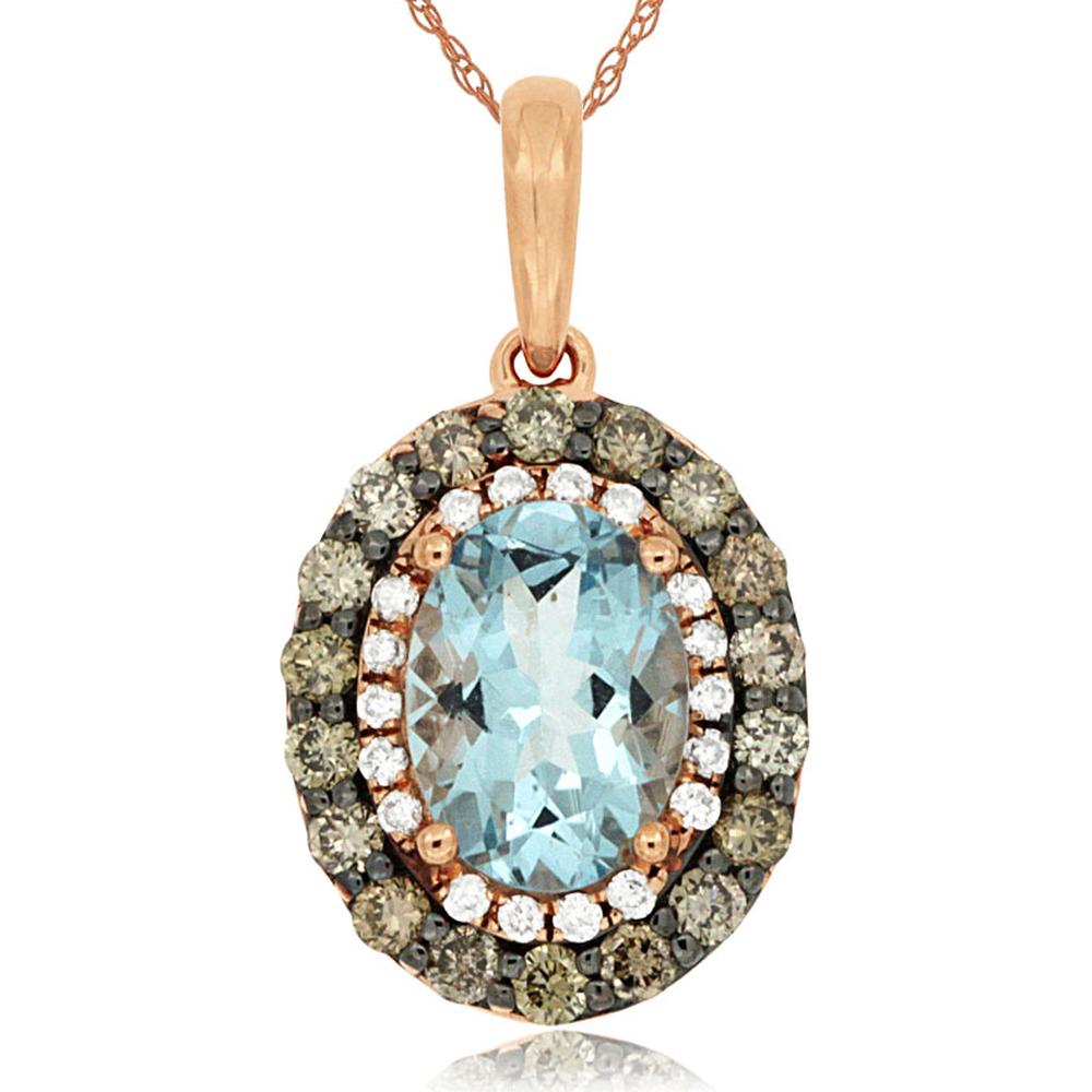 14K Rose Gold Oval Aquamarine Pendant with White and Mocha Diamond Double Halo - 0.70 Carat Aquamarine, 0.29 Carat Total Diamond Weight - Royal Jewelry