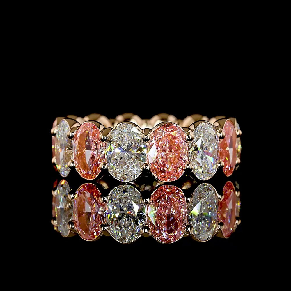 14K Rose Gold Oval Cut Eternity Band with Alternating Fancy Vivid Pink and White Lab Diamonds - 7.56 Carats Total Diamond Weight - Covaloro Fine Jewelry