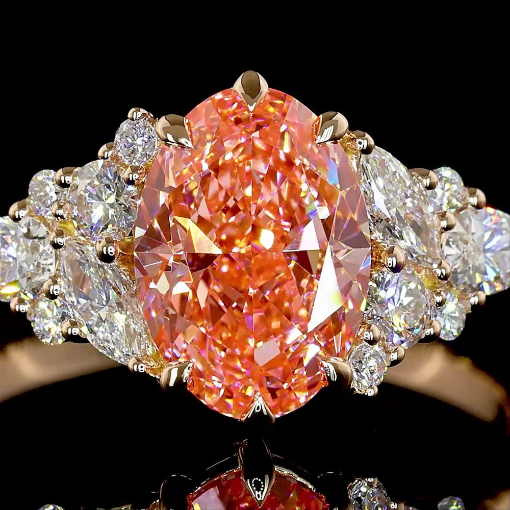 14K Rose Gold Oval-Cut Fancy Vivid Pink Lab Diamond Ring with Pear and Marquise White Diamond Accents - 2.50 Carat Total Diamond Weight - Covaloro Fine Jewelry