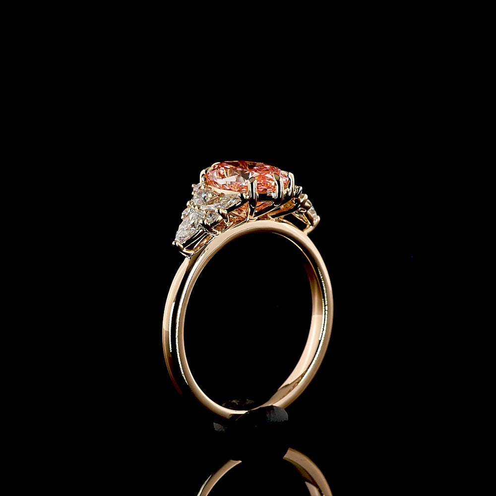 14K Rose Gold Oval-Cut Fancy Vivid Pink Lab Diamond Ring with Pear and Marquise White Diamond Accents - 2.50 Carat Total Diamond Weight - Covaloro Fine Jewelry