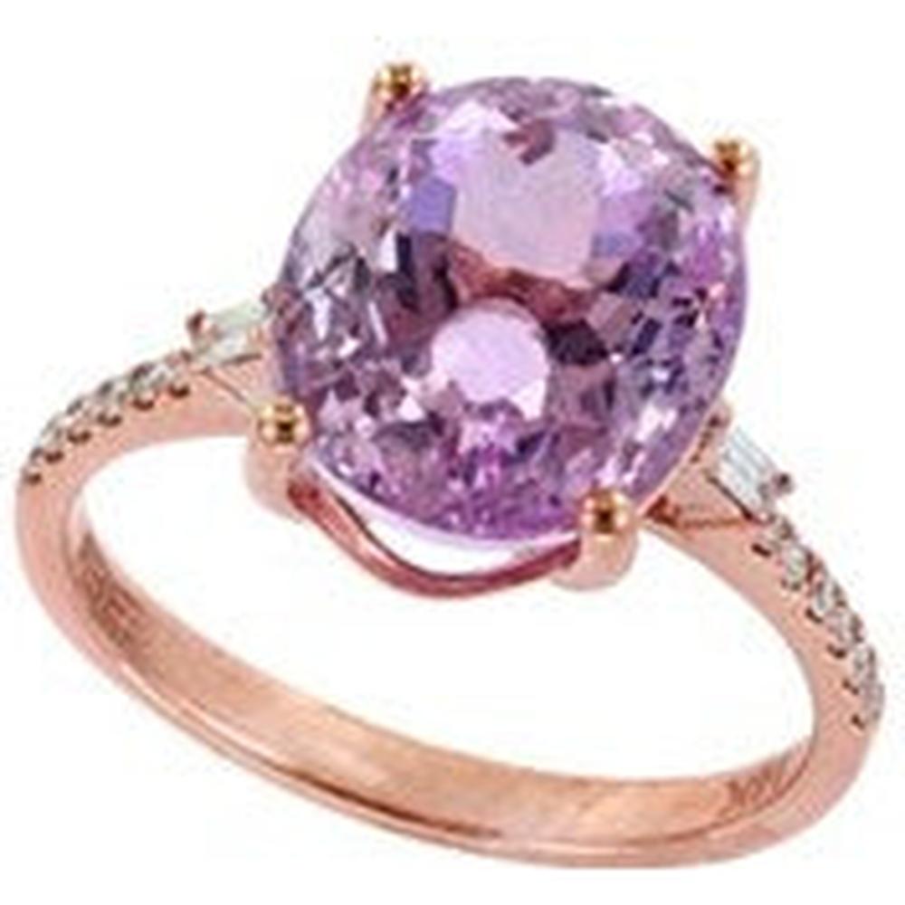14K Rose Gold Oval Cut Kunzite and Diamond Accent Ring by EFFY - 6.40 Carat Kunzite, 0.14 Carat Total Diamond Weight