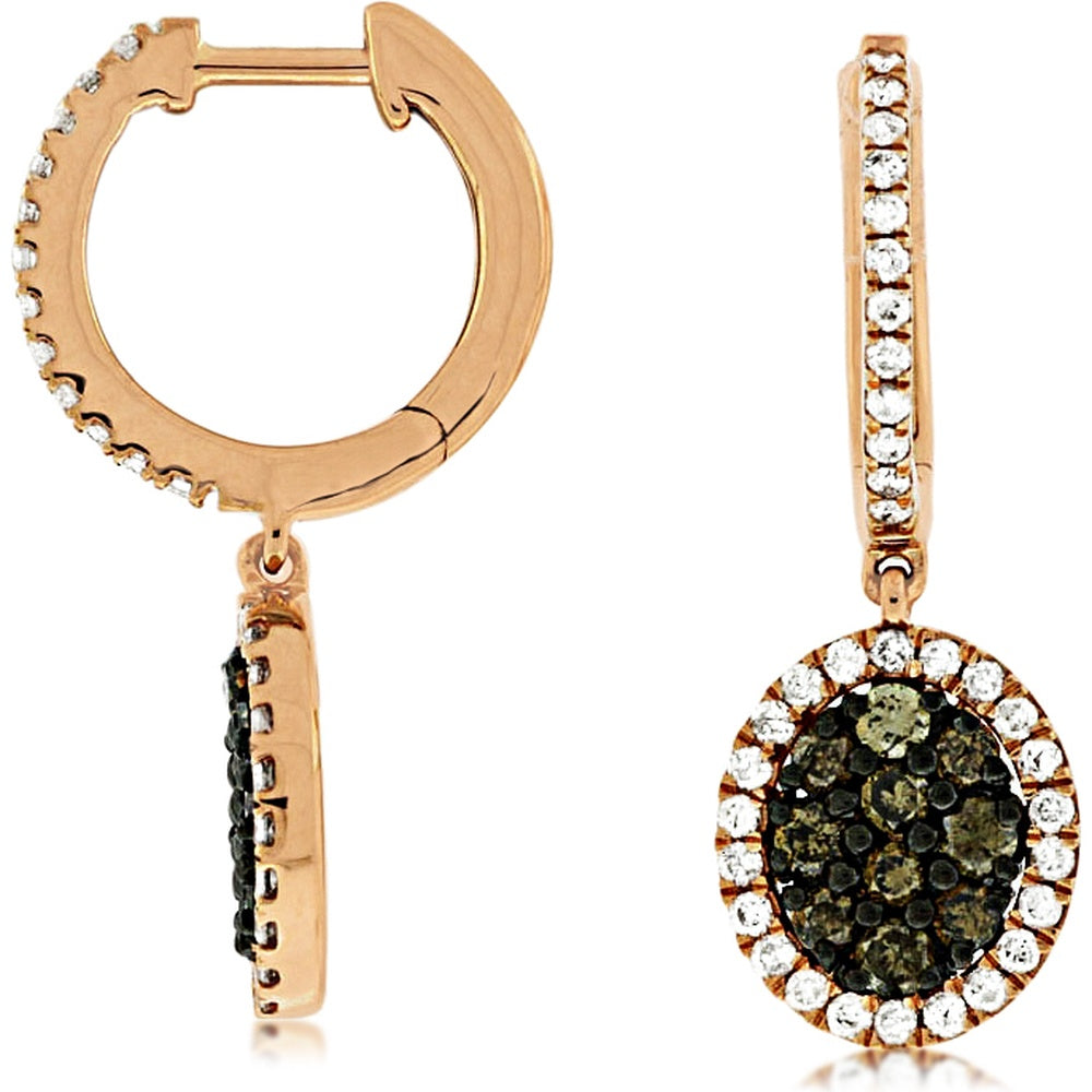 14K Rose Gold Oval Drop Earrings with Pavé White Diamond Hoop and Mocha Diamond Cluster Center - 0.46 Carat White Diamond Total Weight and 0.60 Carat Mocha Diamond Total Weight - Royal Jewelry