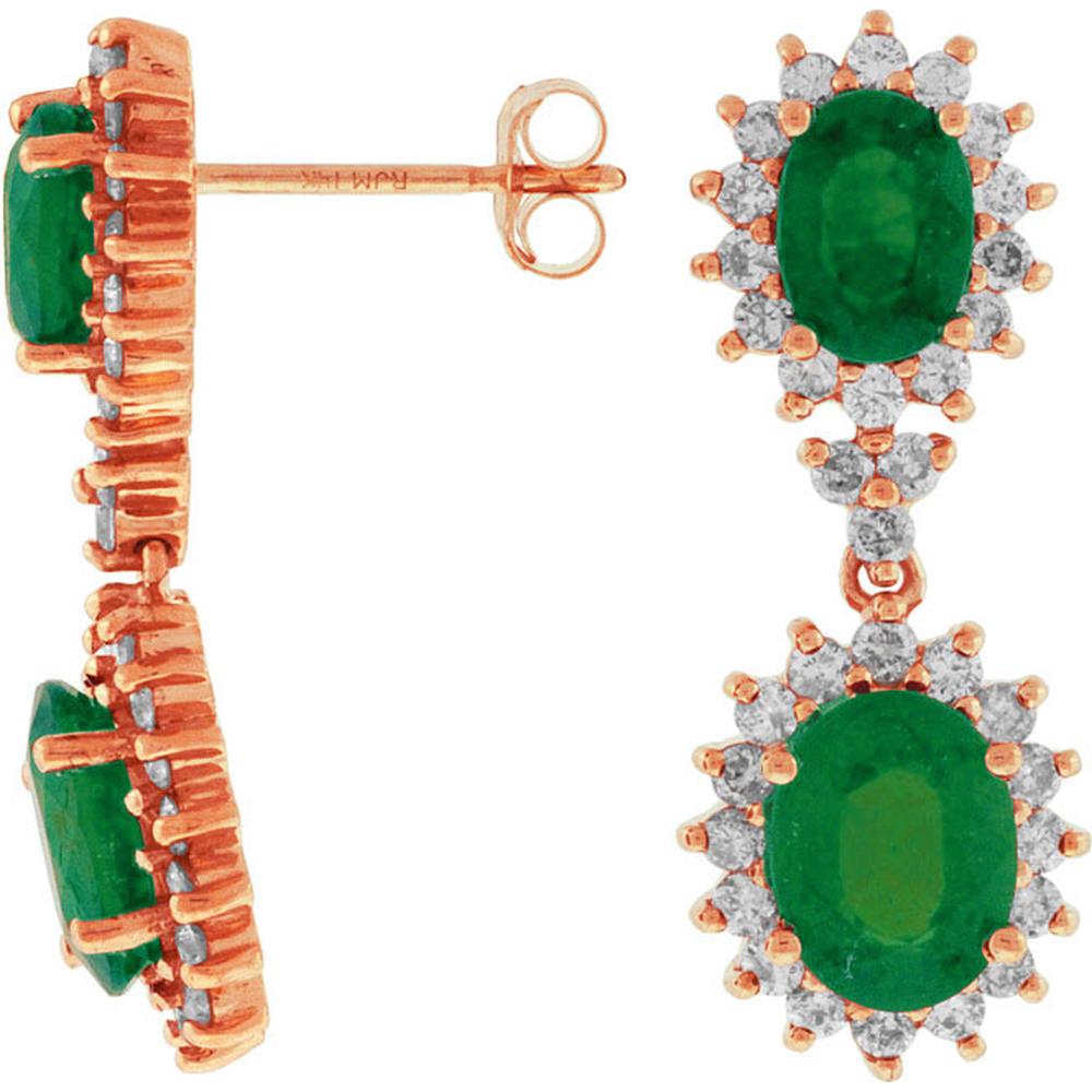 14K Rose Gold Oval Emerald and Diamond Drop Earrings with Diamond Halo Accents - 3.80 Carat Total Emerald Weight and 1.30 Carat Total Diamond Weight - Royal Jewelry