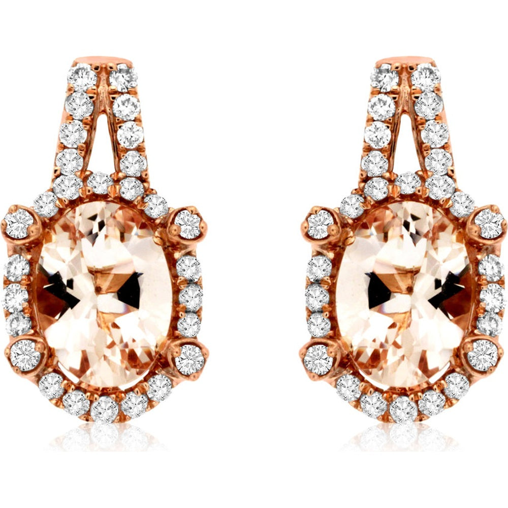 14K Rose Gold Oval Morganite and Diamond Halo Drop Earrings - 1.35 Carat Total Morganite Weight and 0.30 Carat Total Diamond Weight - Royal Jewelry