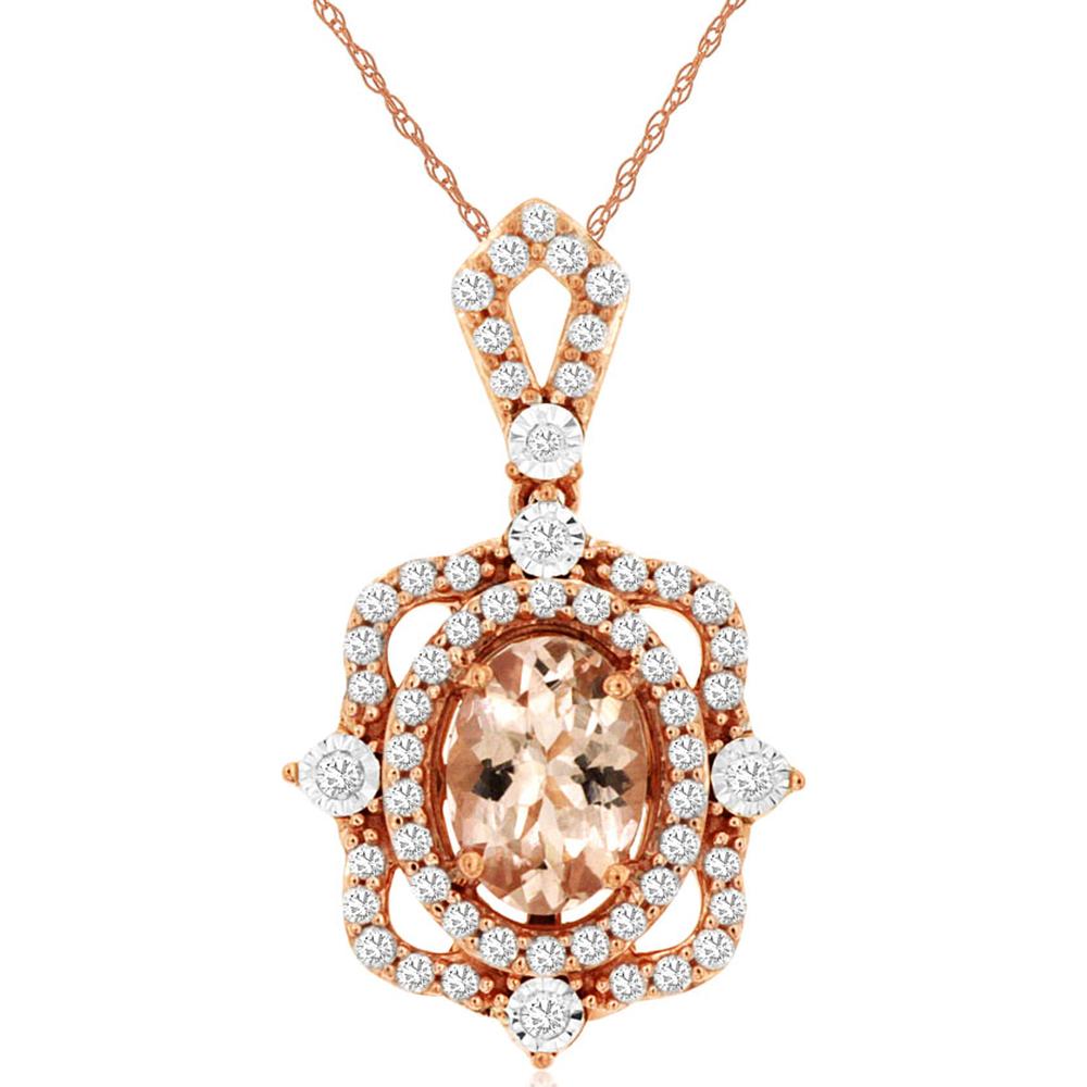 14K Rose Gold Oval Morganite & Diamond Halo Pendant - 0.67 Carat Morganite and 0.25 Carat Total Diamond Weight - Royal Jewelry