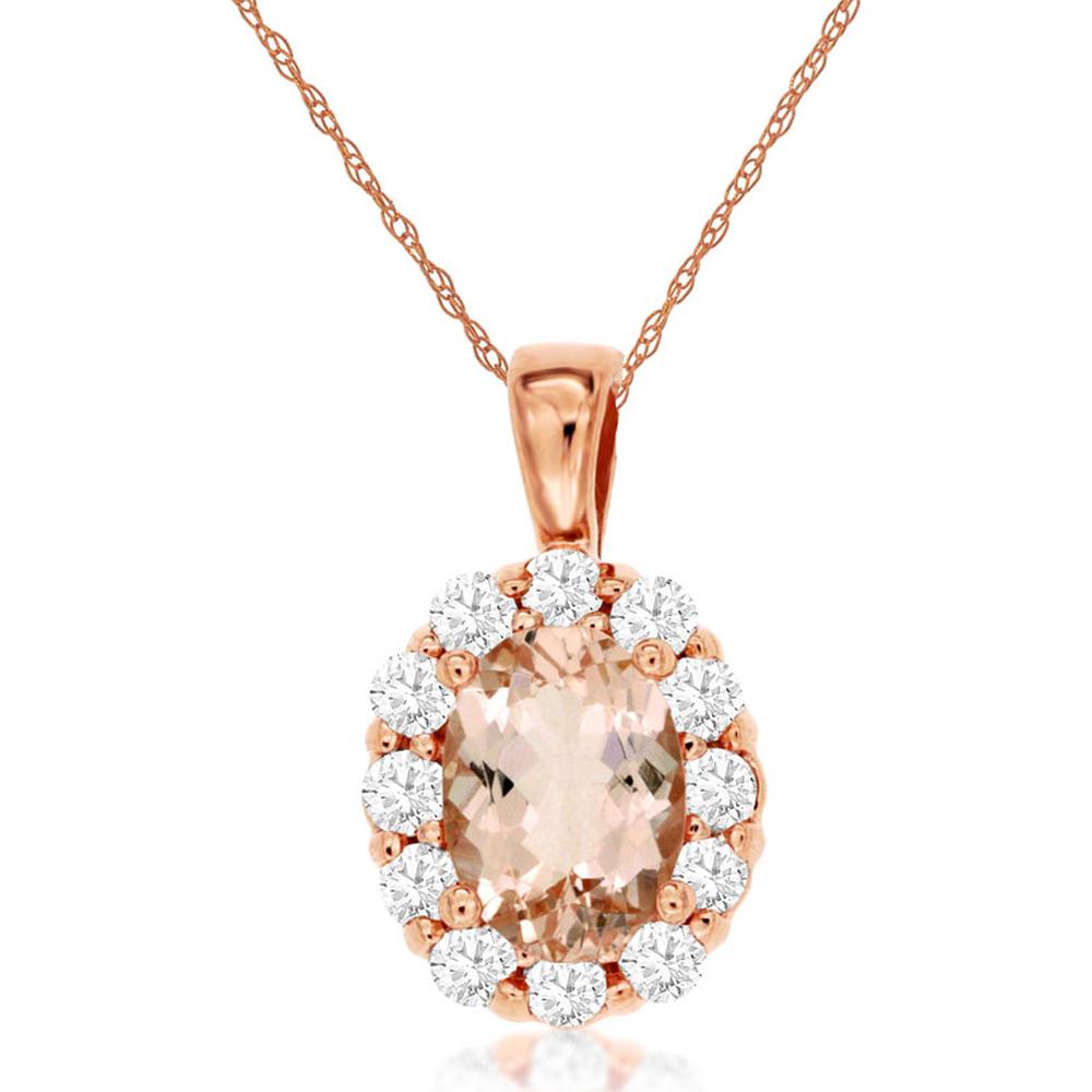 14K Rose Gold Oval Morganite and Diamond Halo Pendant - 0.67 Carat Morganite & 0.30 Carat Total Diamond Weight - Royal Jewelry