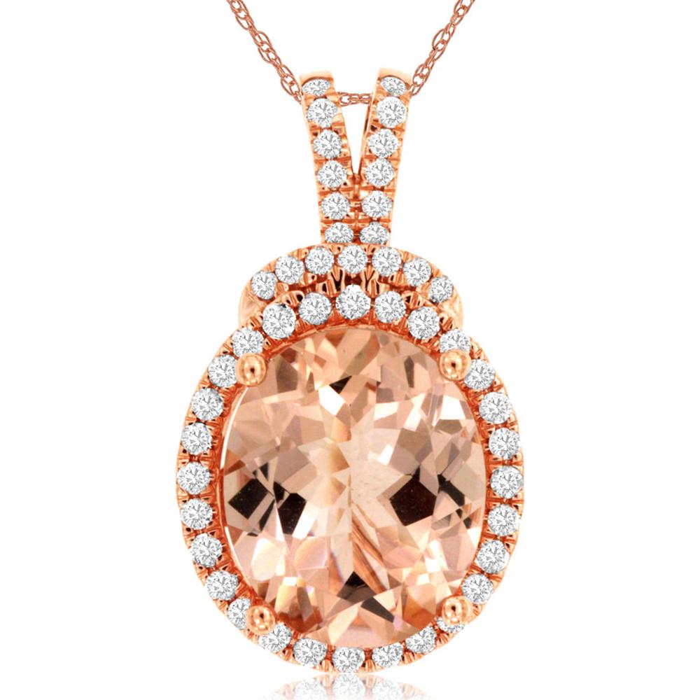 14K Rose Gold Oval Morganite and Diamond Halo Pendant with Diamond Double Bail - 4.00 Carat Morganite and 0.37 Carat Total Diamond Weight - Royal Jewelry
