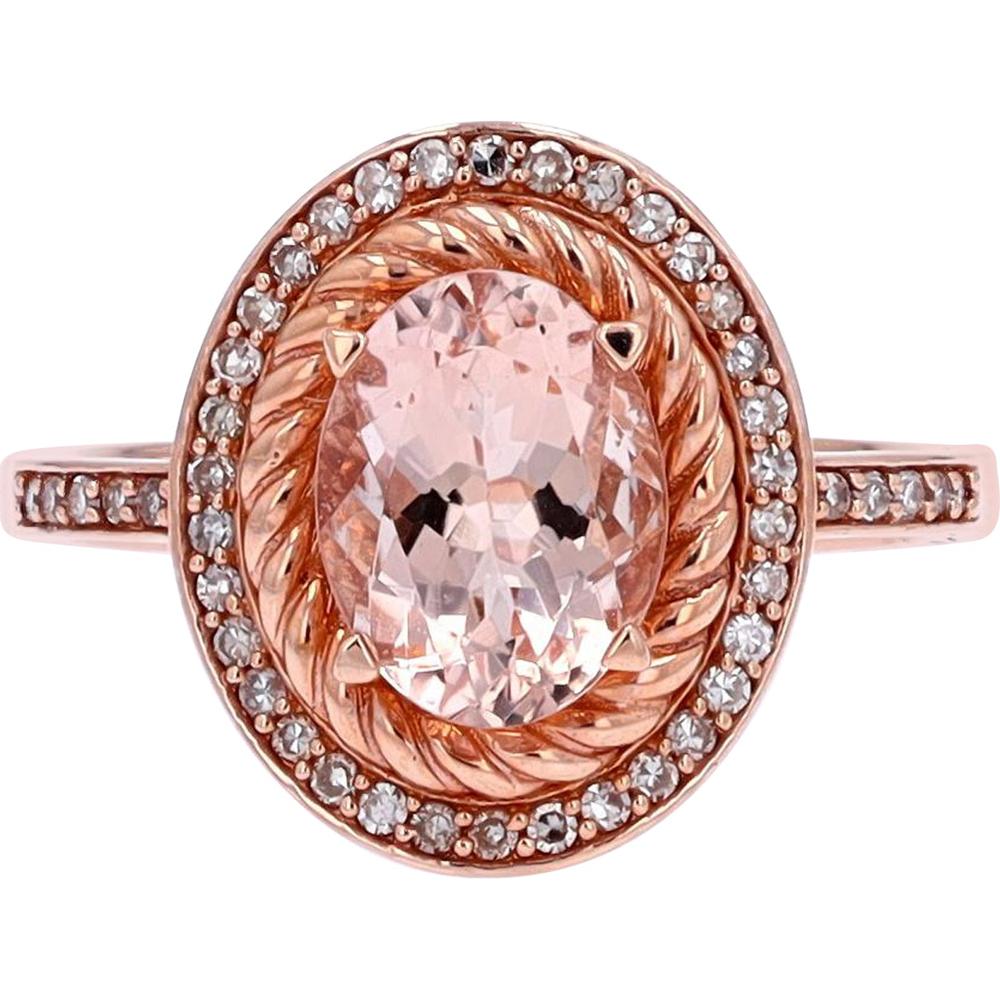 14K Rose Gold Oval Morganite & Diamond Halo Ring - 1.50 Carat Morganite, 0.20 Carat Total Diamond Weight