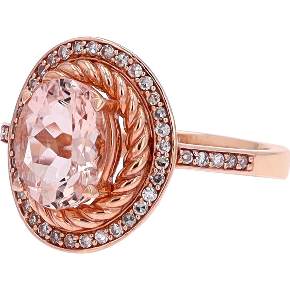 14K Rose Gold Oval Morganite & Diamond Halo Ring - 1.50 Carat Morganite, 0.20 Carat Total Diamond Weight