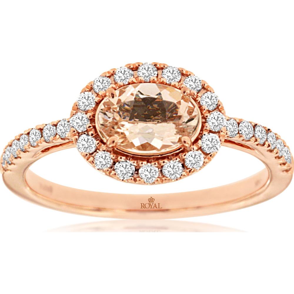 14K Rose Gold Oval Morganite and Diamond Halo Ring with Diamond Accented Band - 0.68 Carat Morganite and 0.33 Carat Total Diamond Weight - Royal Jewelry