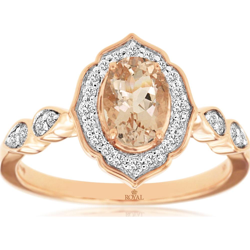 14K Rose Gold Oval Morganite and Diamond Halo Ring with Vintage Scalloped Milgrain and Twisted Vine Band - 0.67 Carat Morganite, 0.21 Carat Total Diamond Weight - Royal Jewelry