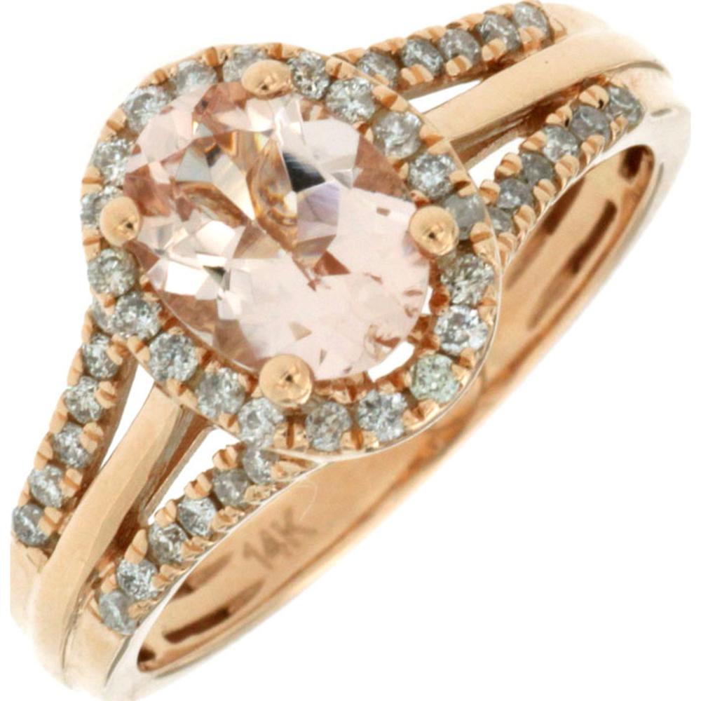 14K Rose Gold Oval Morganite and Diamond Halo Split Shank Ring - 1.00 Carat Morganite and 0.30 Carat Total Diamond Weight - Royal Jewelry