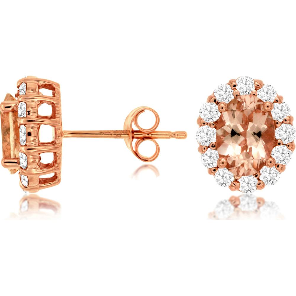 14K Rose Gold Oval Morganite and Diamond Halo Stud Earrings - 1.35 Carat Total Morganite Weight, 0.60 Carat Total Diamond Weight - Royal Jewelry