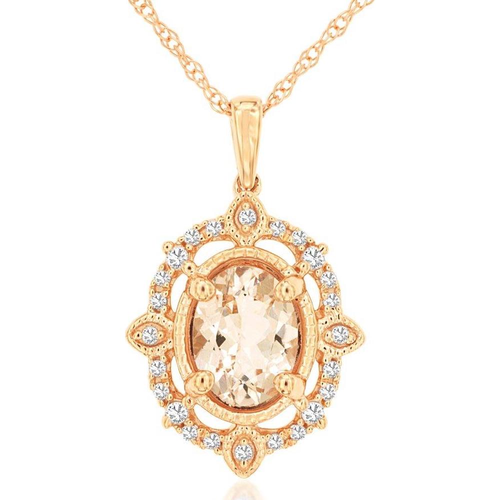 14K Rose Gold Oval Morganite and Diamond Pendant Necklace with 1 Carat Morganite and 0.12 Carat Total Diamond Weight - Royal Jewelry